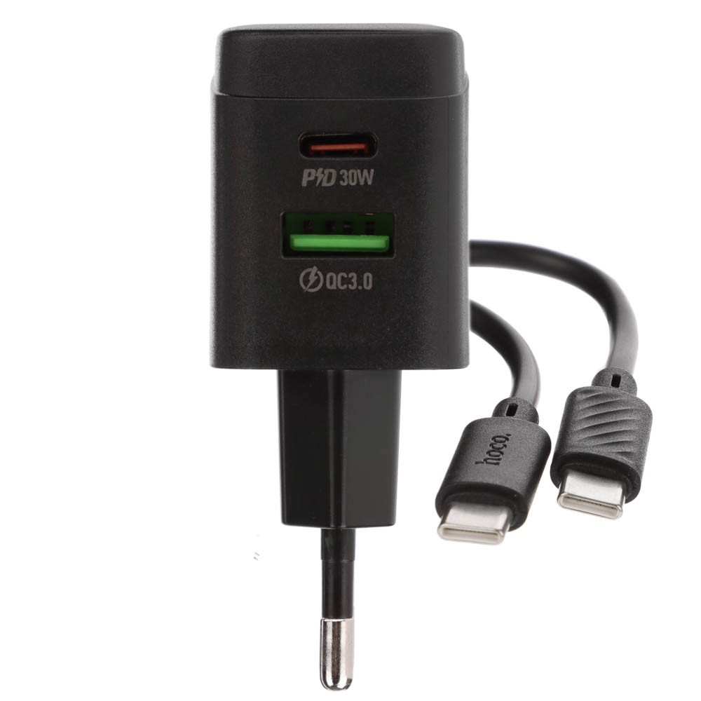 hoco. Зарядное устройство модель CS61A, USB+C 30W+ Кабель для зарядки С-С, цвет: черный - #13
