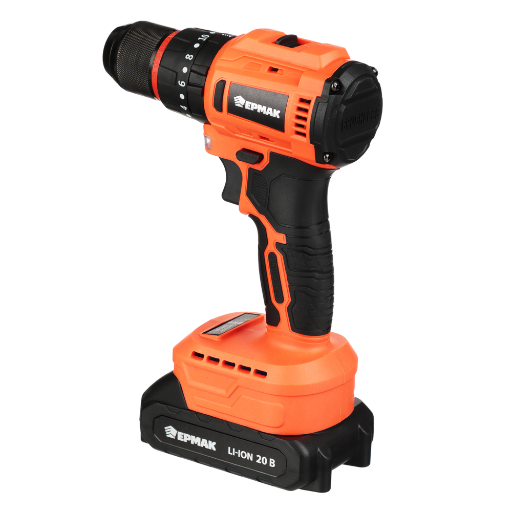 ЕРМАК Дрель-шуруповерт на АКБ, Бесщет., удар, 20В-2,0А Li-ion (1шт), з/у, мет.патр,45H*m, (ONE) - #5