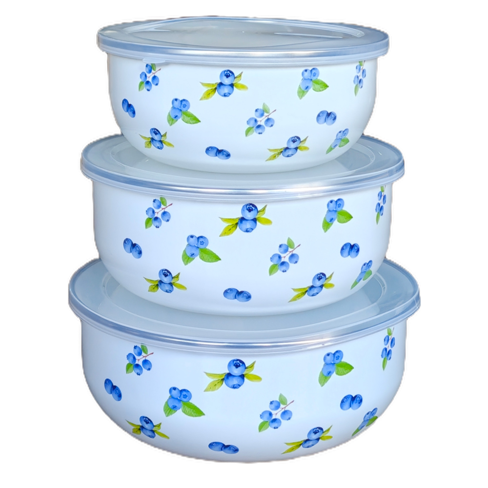 Набор эмалированных салатников с крышками, 6пр. (14/16/18см, 0,7/1,1/1,4л) "Голубика" - #1