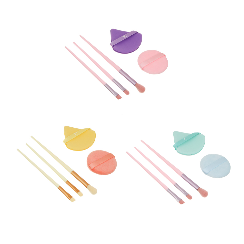 Набор для визажа 5 шт (спонжи 2 шт, кисти 3 шт) тм ЮНИLOOK, ЭВА, ПУ, пластик, нейлон, 3 цвета - #15