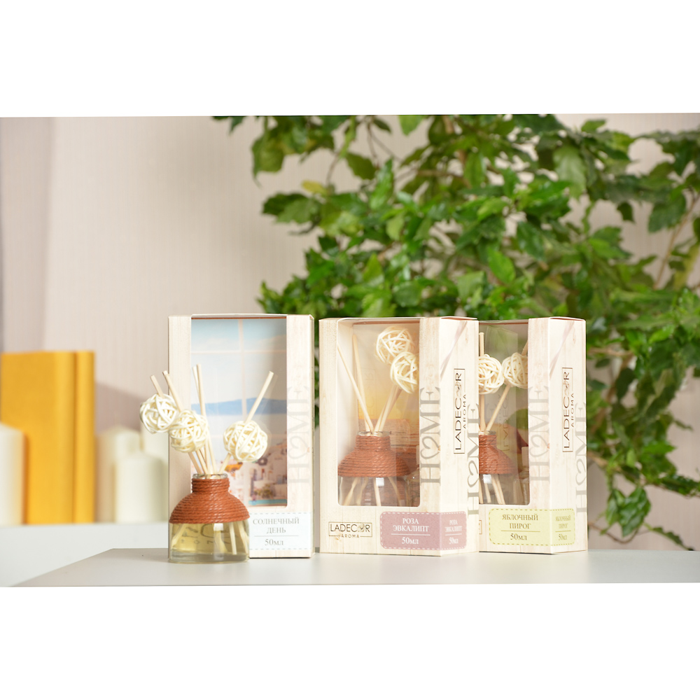 LADECOR Аромадиффузор с палочками, 50мл (роза и эвкалипт, яблочный пирог, солнечный день) - #1