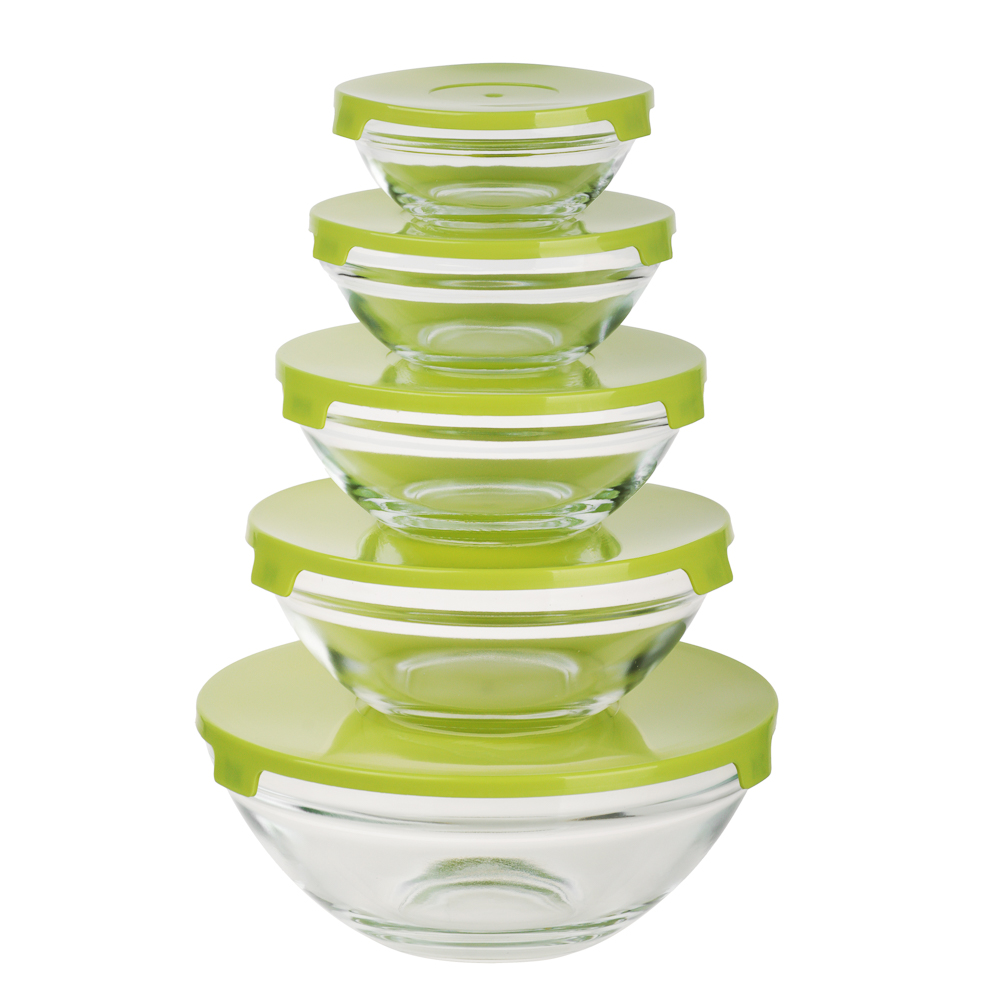 MILLIMI Набор салатников с крышкой 5 шт: 900/ 500/350/200/130 мл, стекло, пластик, оливковый - #1
