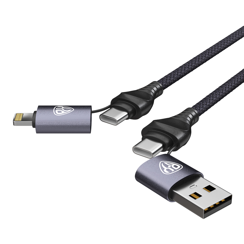 BY Кабель для зарядки Diverse 4в1 USB/iP/microUSB /Type-C, 1м,Быстрая зарядка 65W, тканевый, черный - #4