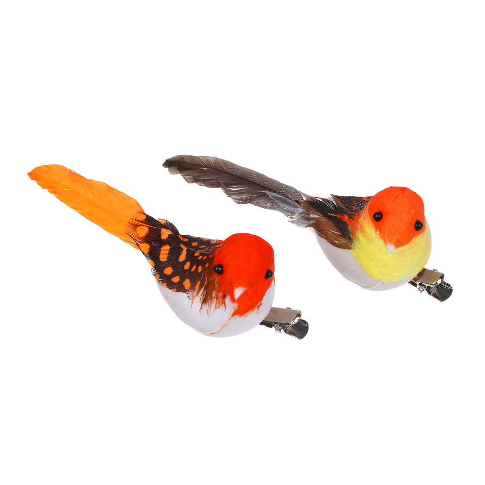РЫЖИЙ Птица на прищепке Оранжевая 9,5см, PE, перо - #1