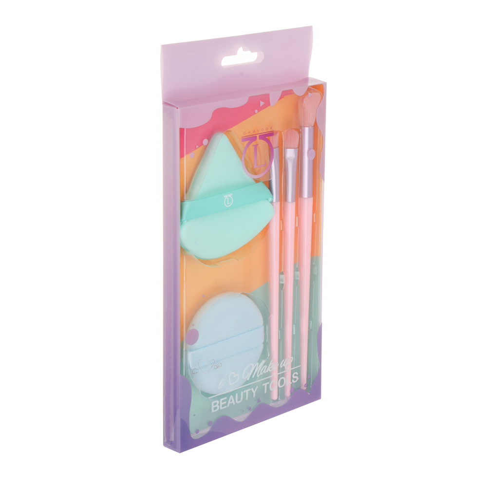 Набор для визажа 5 шт (спонжи 2 шт, кисти 3 шт) тм ЮНИLOOK, ЭВА, ПУ, пластик, нейлон, 3 цвета - #19
