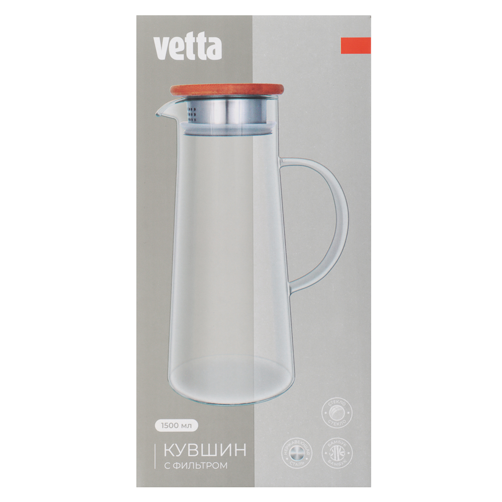 VETTA ЭКО Кувшин 1500мл, с металлическим фильтром, бамбуковая крышка, стекло - #8