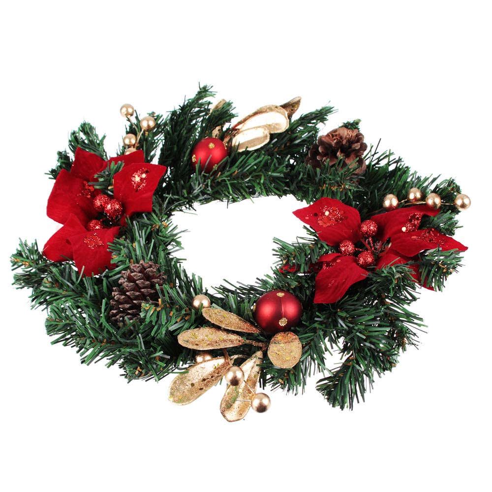Венок Сноубум Рождественский еловый с цветами и шишками, красный с золотом, 30 см - #2