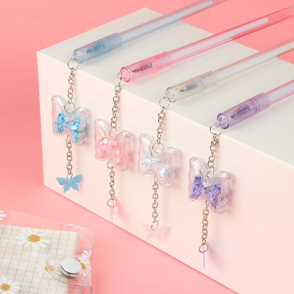 Ручка гелевая с подвеской в форме бабочки, (внутри блестки), 16см, 4 цв корпуса, пластик, металл - #7