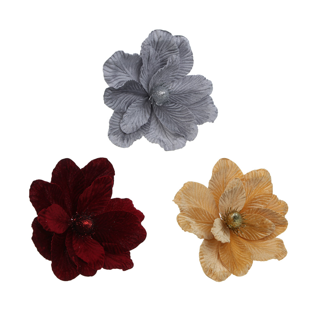 СНОУ БУМ Цветок Магнолия на клипсе 22 см, металл, полиэстер, глиттер, цвета в ассортименте, 3 цвета - #1
