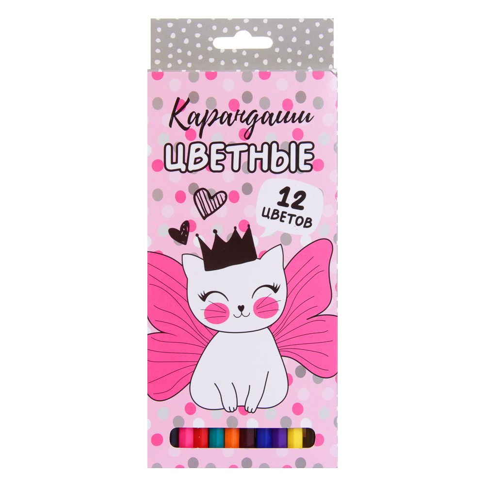 Котик с Крыльями Карандаши 12 цветов шестигранные заточенные, улучшенное письмо, пластик, в карт.кор - #1