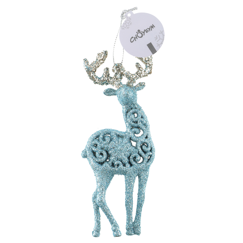 СНОУ БУМ Подвеска декоративная "Олень" 14 см, пластик, глиттер, голубой, 2 дизайна - #7