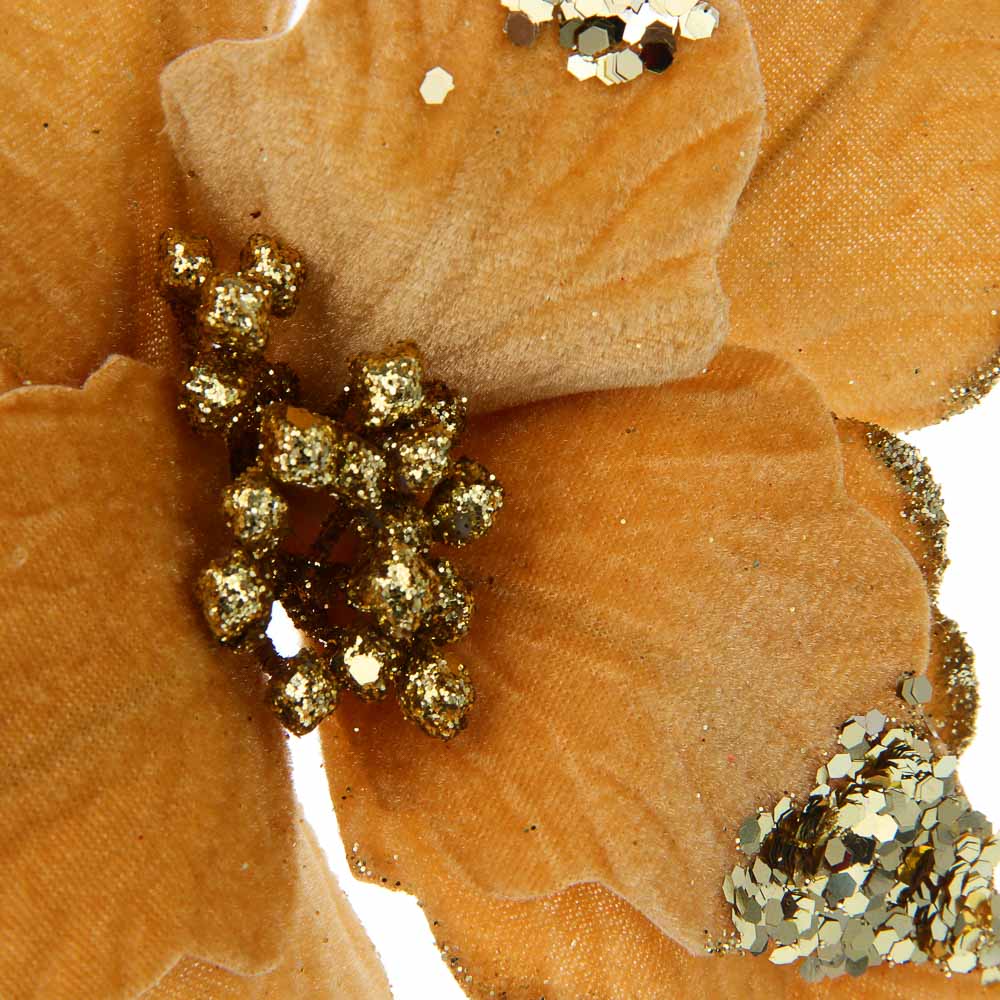 СНОУ БУМ Цветок Пуансеттия на клипсе 25 см, металл, глиттер, полиэстер, шампань - #3