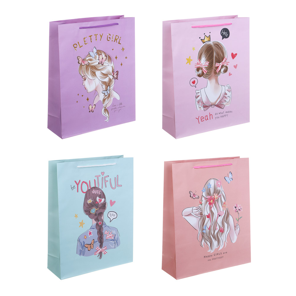 Пакет подарочный бумажный, 26x32x9 см, 128 гр, 4 дизайна, Девушка - #1