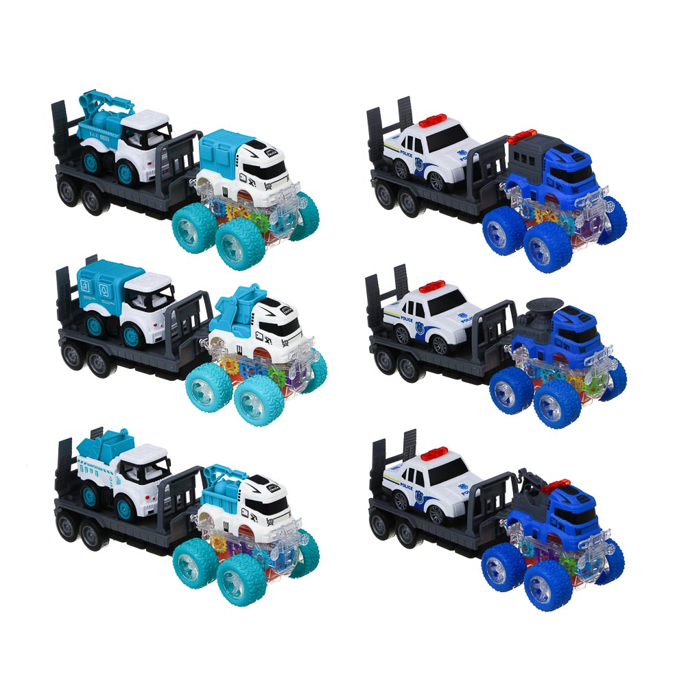 ИГРОЛЕНД Автовоз с машинкой, свет, инерция, 3хLR44, резина, ABS, 34х8,3х20 см, 6 диз - #2