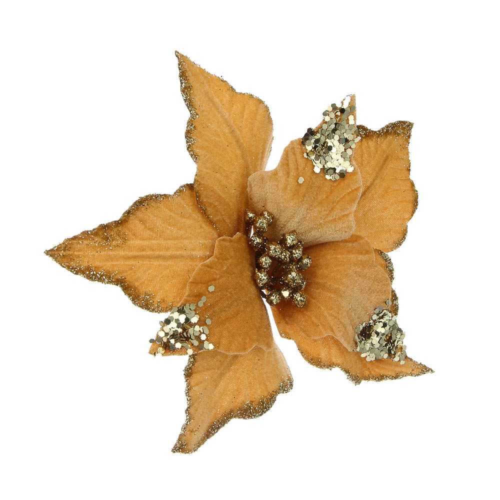 СНОУ БУМ Цветок Пуансеттия на клипсе 25 см, металл, глиттер, полиэстер, шампань - #1