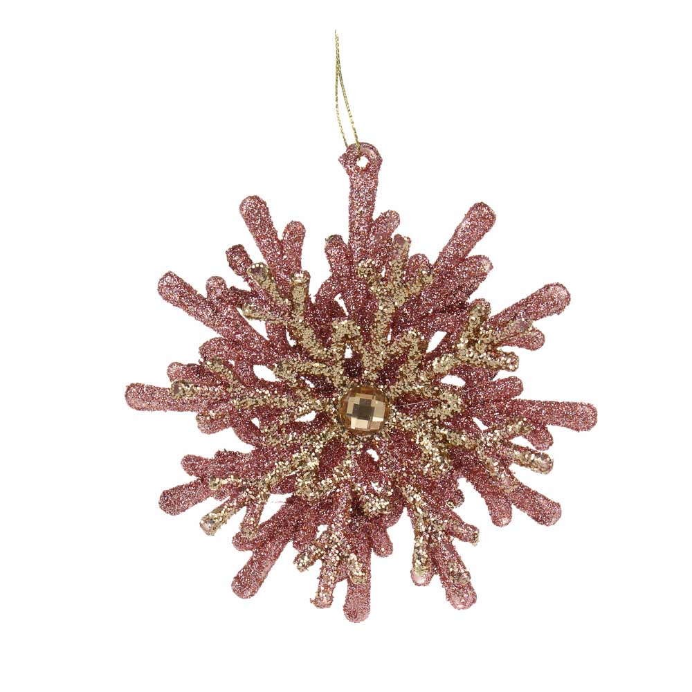 СНОУ БУМ Подвеска декоративная "Снежинка" 12 см, пластик, глиттер, розовое золото - #1