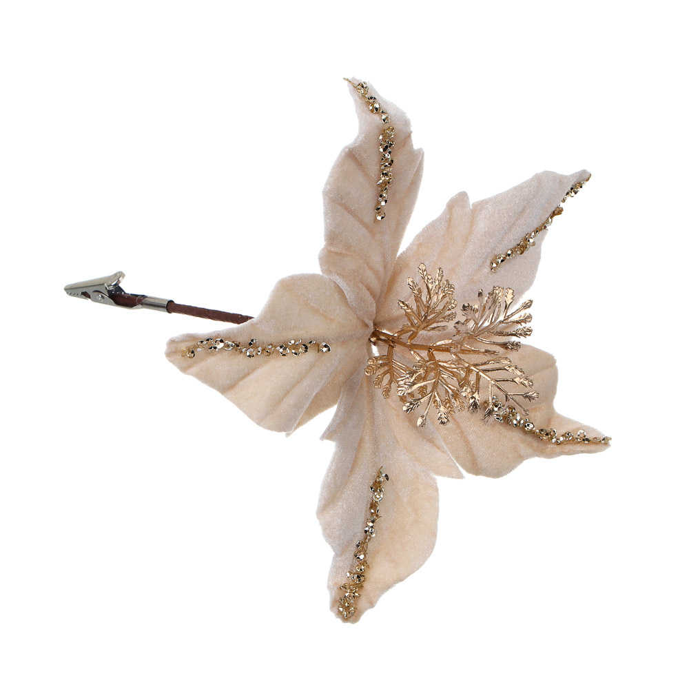 СНОУ БУМ Пуансетия 15 см на прищепке (5 лепестков), глиттер, металл, полиэстер, 26-698 - #1