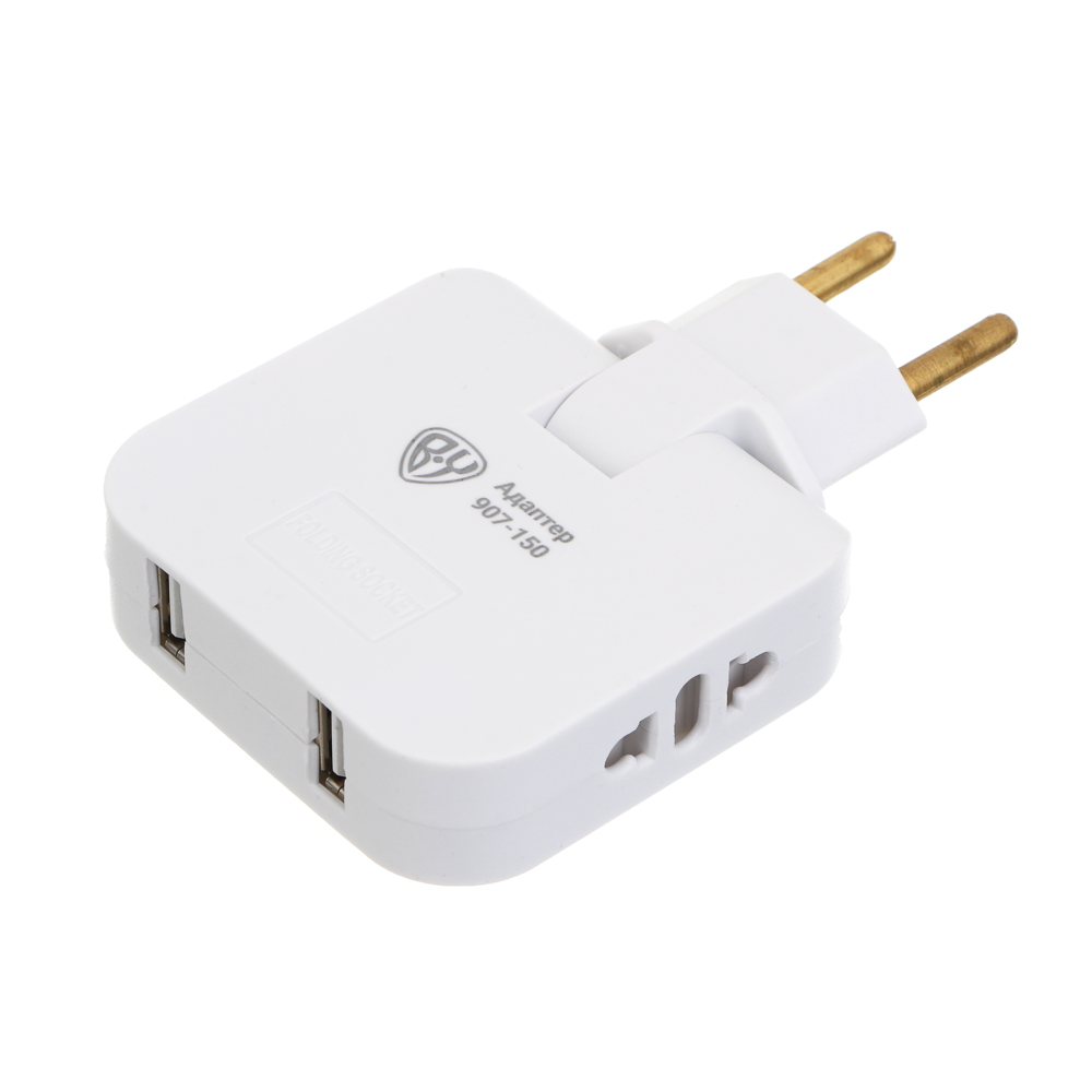 Разветвитель 2 гнезда BY плоский, поворотный, 180 градусов, 2хUSB-A,110-240В,50-60Гц, 6А, б/з, белый - #4