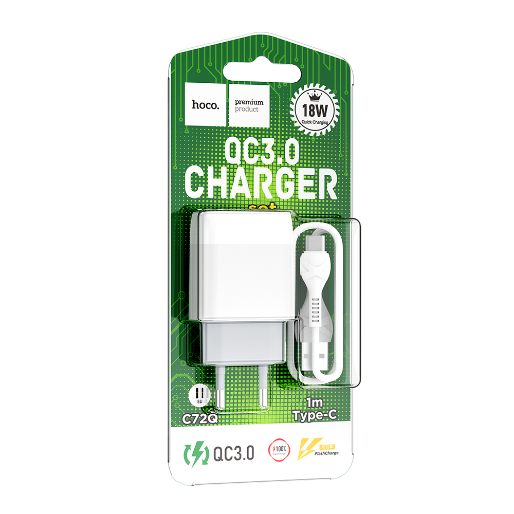 Комплект СЗУ hoco. модель C72Q, USB-C 18Вт, QC3.0, каб. C-C, белый - #2