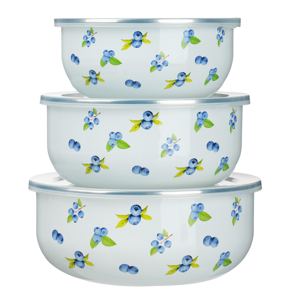 Набор эмалированных салатников с крышками, 6пр. (14/16/18см, 0,7/1,1/1,4л) "Голубика" - #2