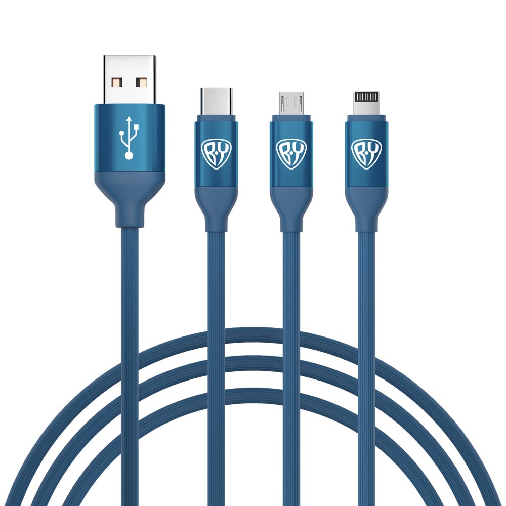 Кабель для зарядки BY 3 в 1, iP/Micro USB/Type-C, синий, 2.4А, 1,5 м - #1