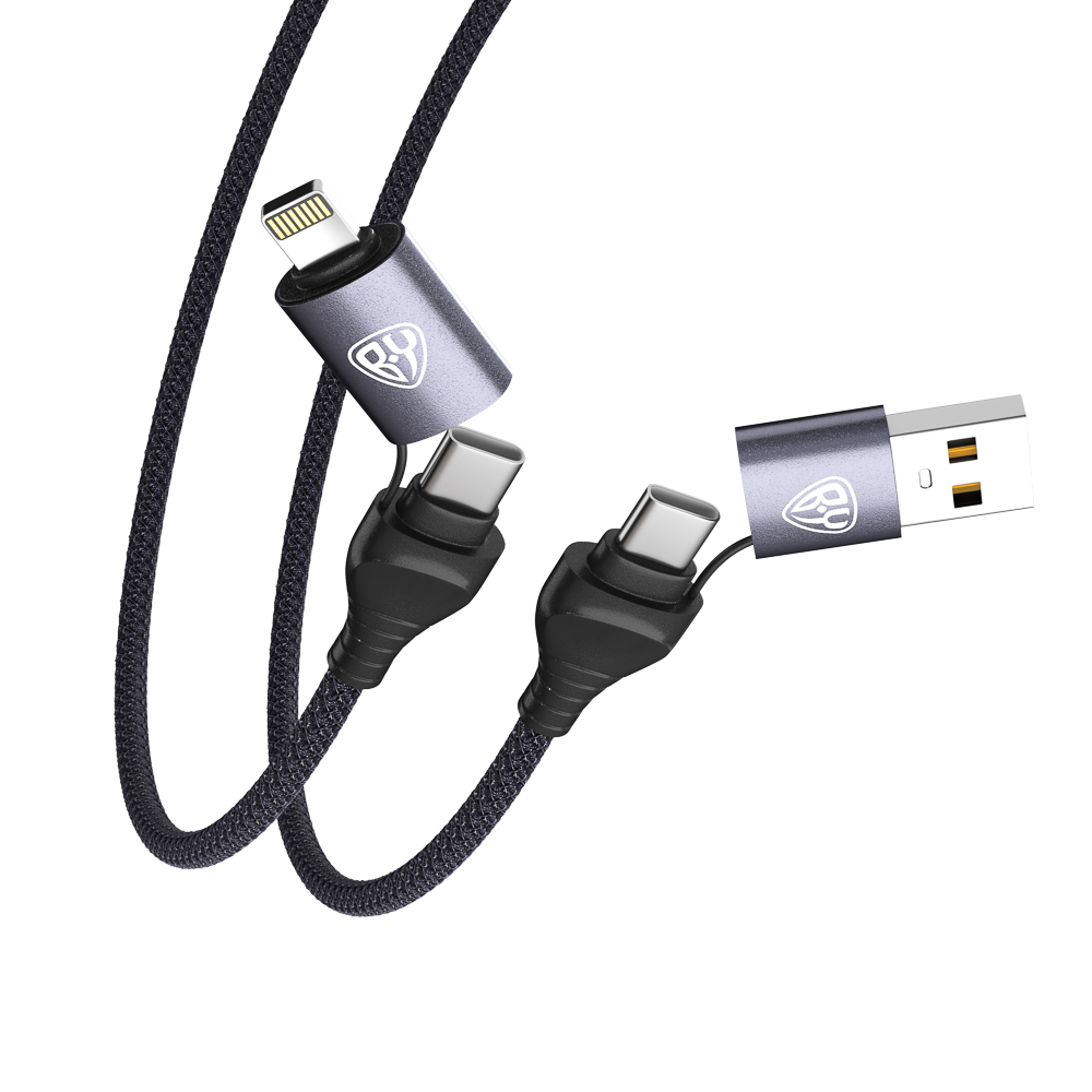 BY Кабель для зарядки Diverse 4в1 USB/iP/microUSB /Type-C, 1м,Быстрая  зарядка 65W, тканевый, черный (931-043)