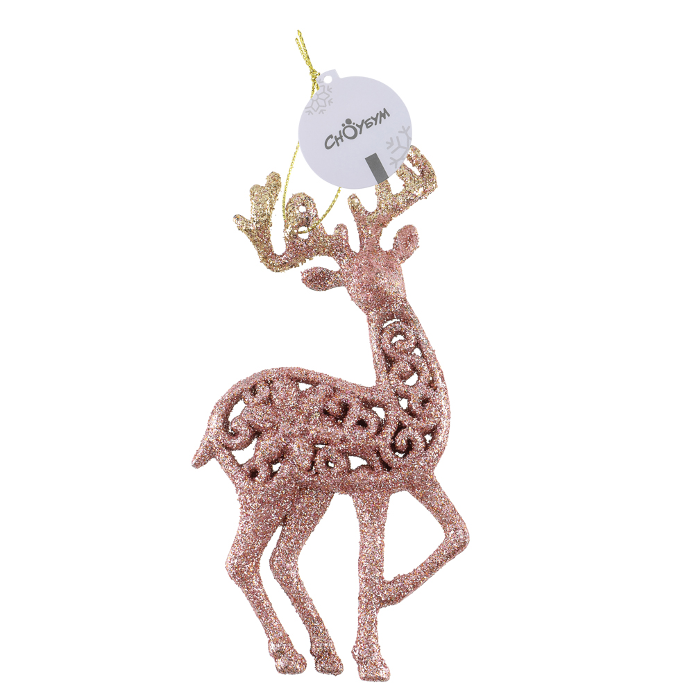 СНОУ БУМ Подвеска декоративная "Олень" 14 см, пластик, глиттер, розовое золото, 2 дизайна - #4