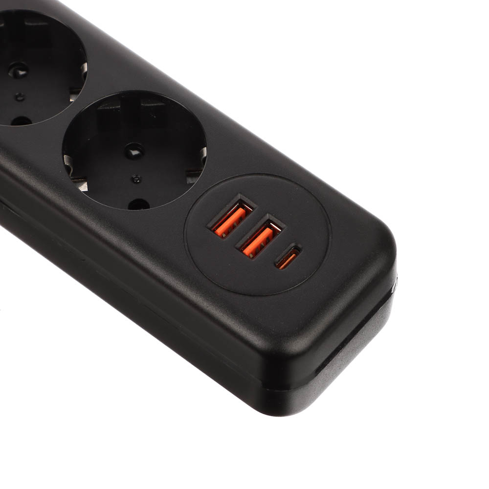 BY Удлинитель, сетевой фильтр Black 5 розеток, 3 м, 2*USB, 1*type-C,выкл., 2500Вт, чёрный - #3