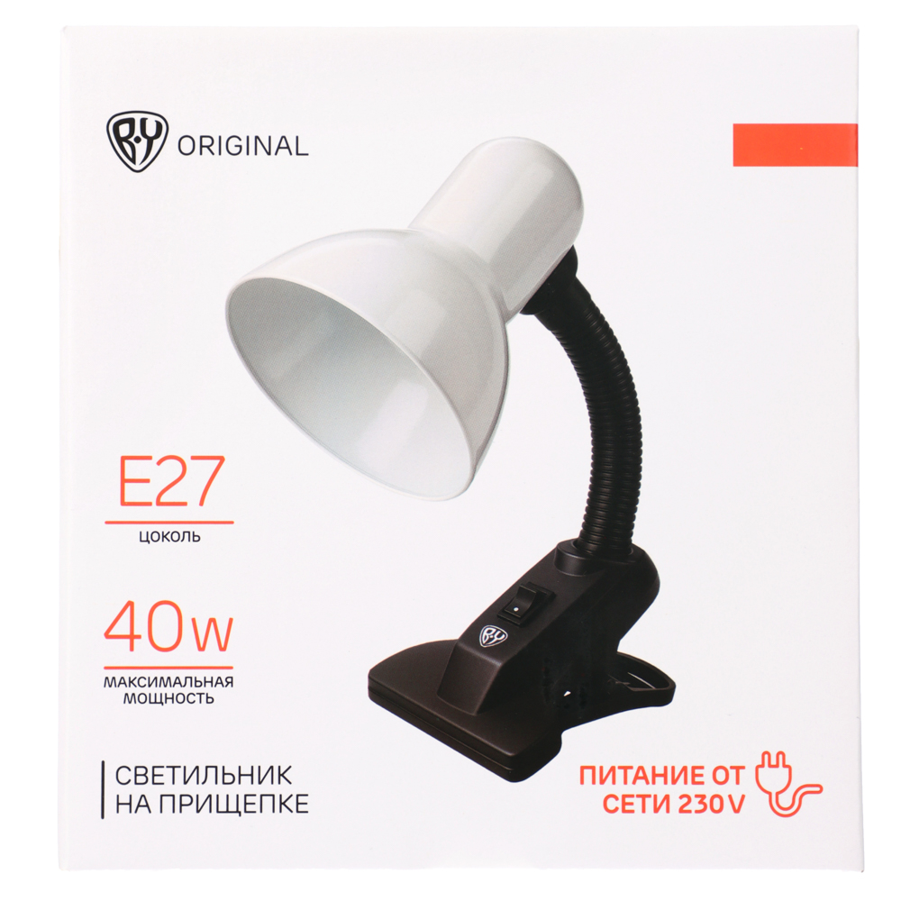 BY Светильник на прищепке, E27, 40 Вт, 230 В, гнущаяся ножка 10 см, шнур 75 см, белый - #8