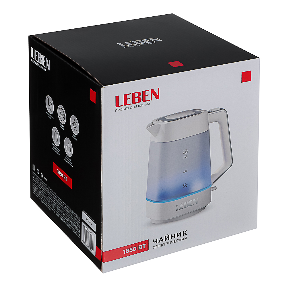 LEBEN Чайник электрический 1,7л матовое стекло, белый - #9