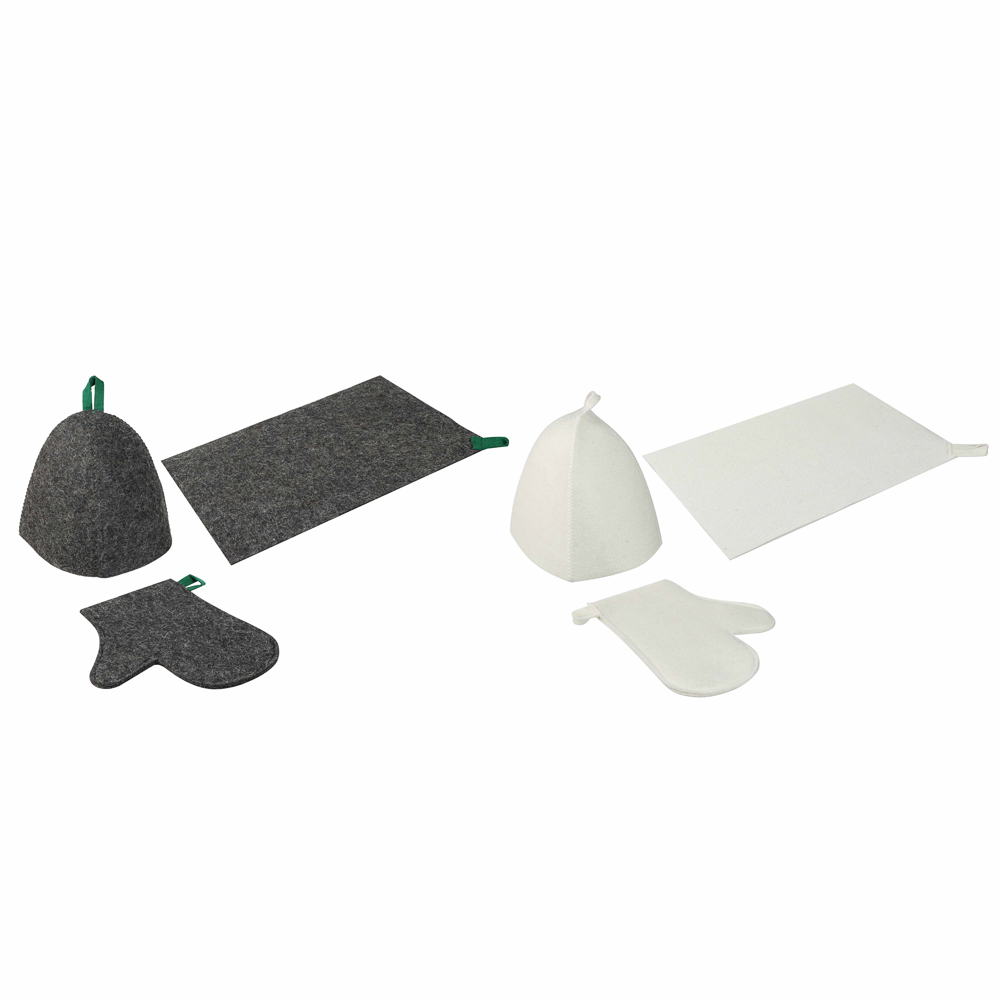 Набор банный ЭКОНОМ 3 предмета (шапка, коврик, рукавица) в пакете, войлок белый/серый - #1