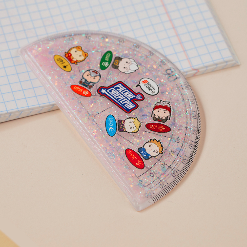 BY Русские Супергерои Транспортир 10 см, 180 градусов, принт, подв.блестки в геле, "Кавай", 3 цвета - #17