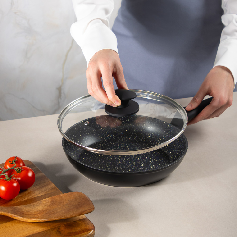 SATOSHI Стоун Сковорода литая с крышкой d24см, антипригарное покрытие мрамор, индукция - #18