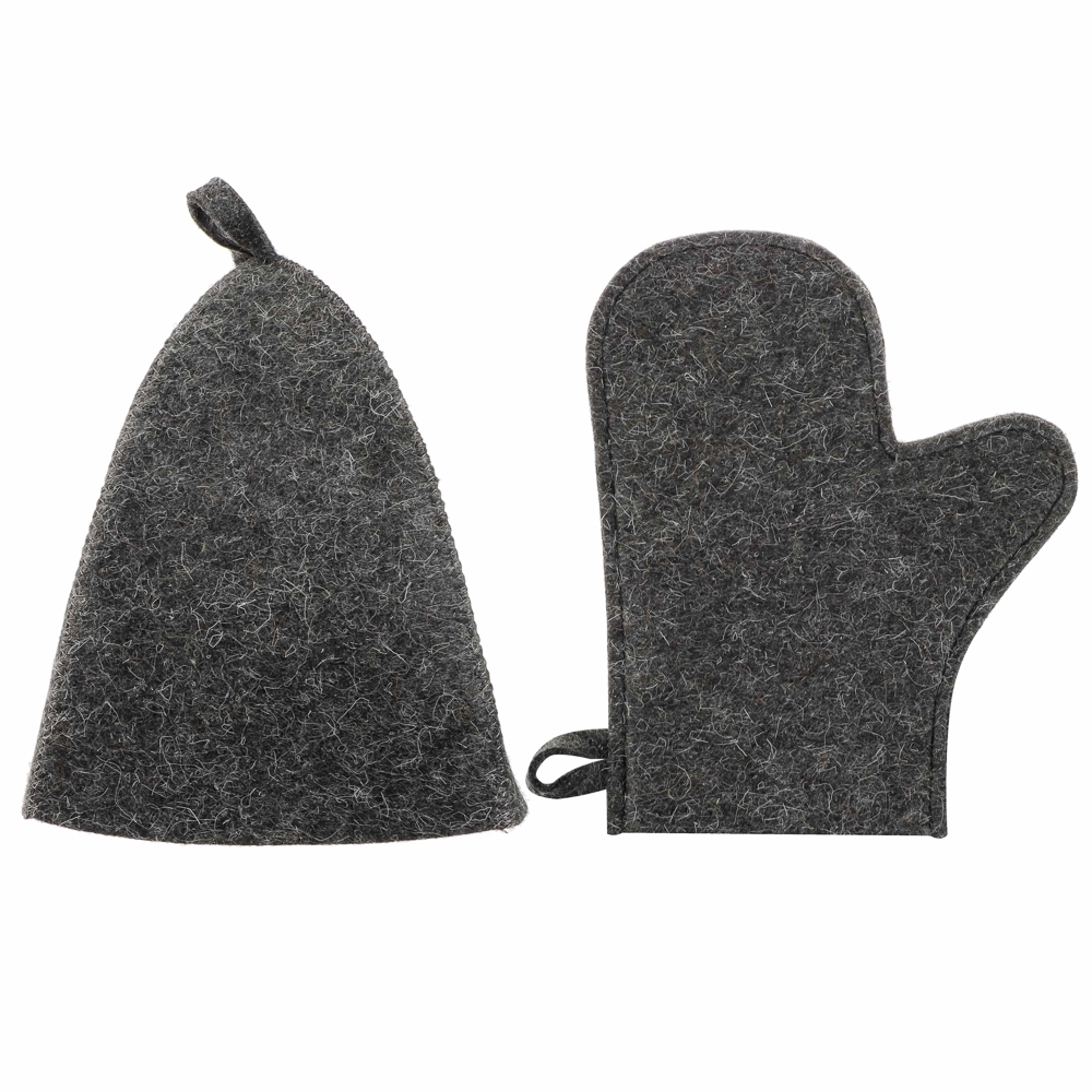 Набор банный ЭКОНОМ 2 предмета без вышивки (рукавица, шапка) в пакете, войлок белый/серый - #9