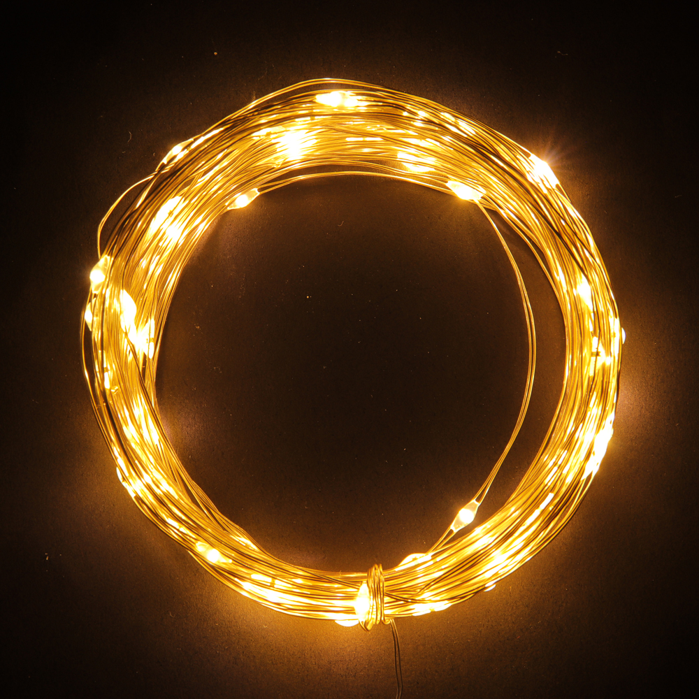 СНОУ БУМ Гирлянда эл. нить росы, 10м, 100LED, шампань, 8 режимов, провол. серебр. цвет, 3хАА - #7