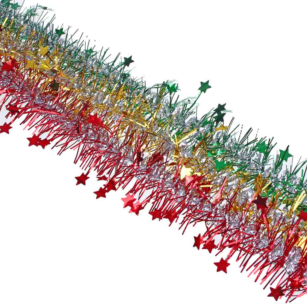 СНОУ БУМ Мишура двухцветная с формовым декором-звезды, 6x200см, ПВХ, 3 цвета золото,красный,зеленый - #1