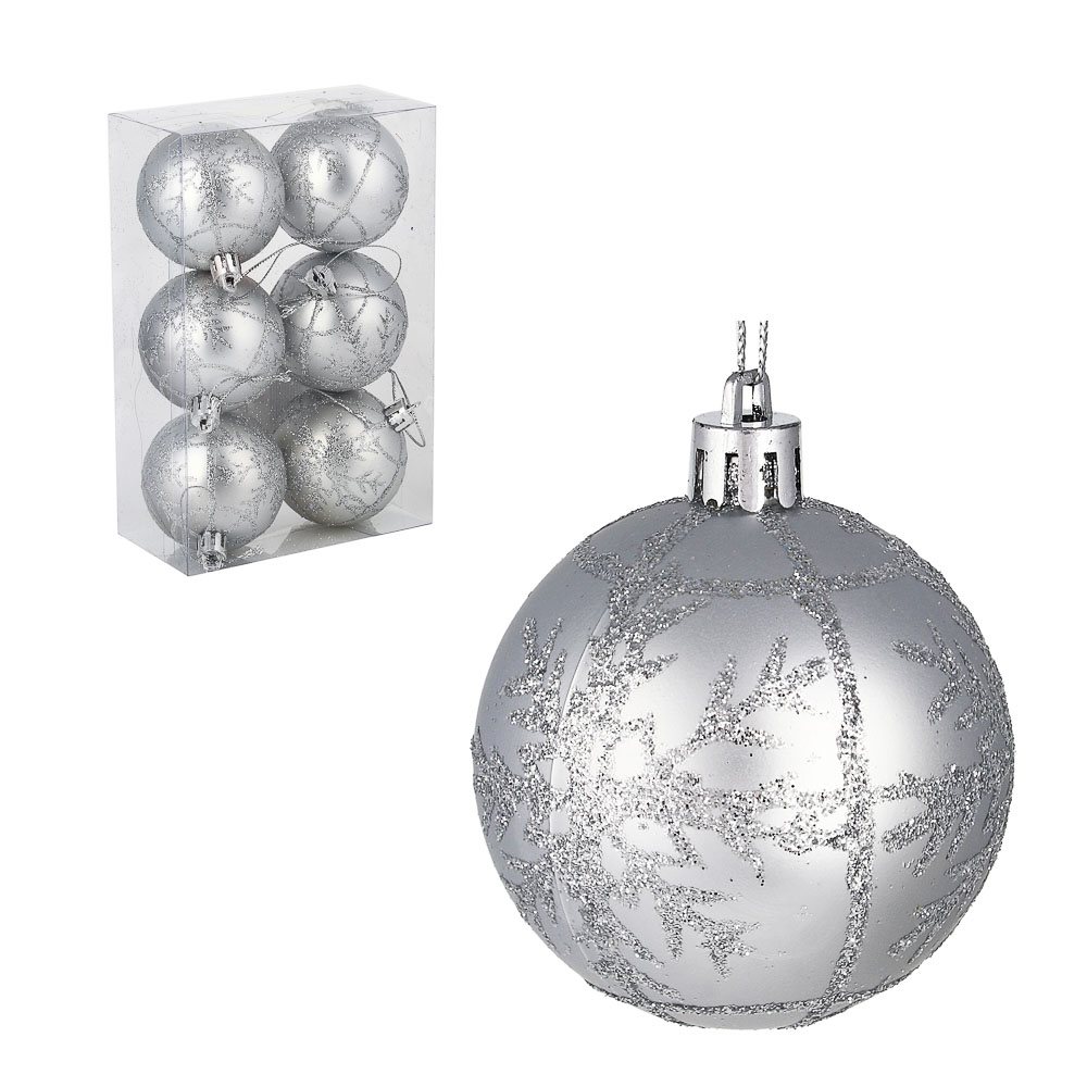 СНОУ БУМ Набор шаров с декором 6шт 6см, серебро, пластик - #1