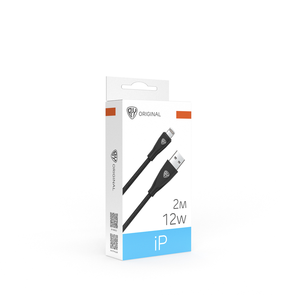 Кабель для зарядки USB(A)-iP BY Nylon Pro, 12Вт, 2 м, 2.4A, нейлон, черный - #1