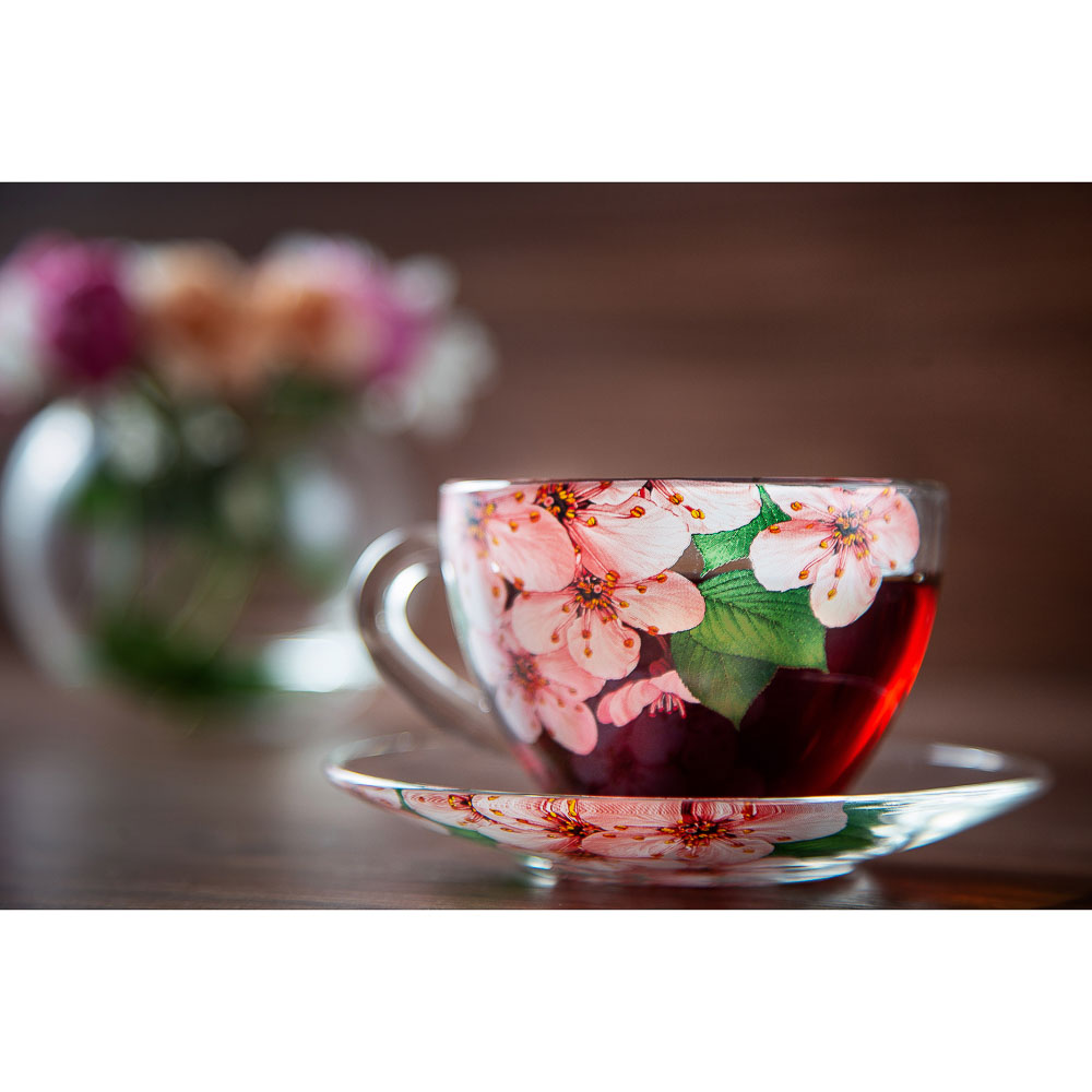 Чайная пара с декором (чашка + блюдце), стекло, в подарочной уп. - #8