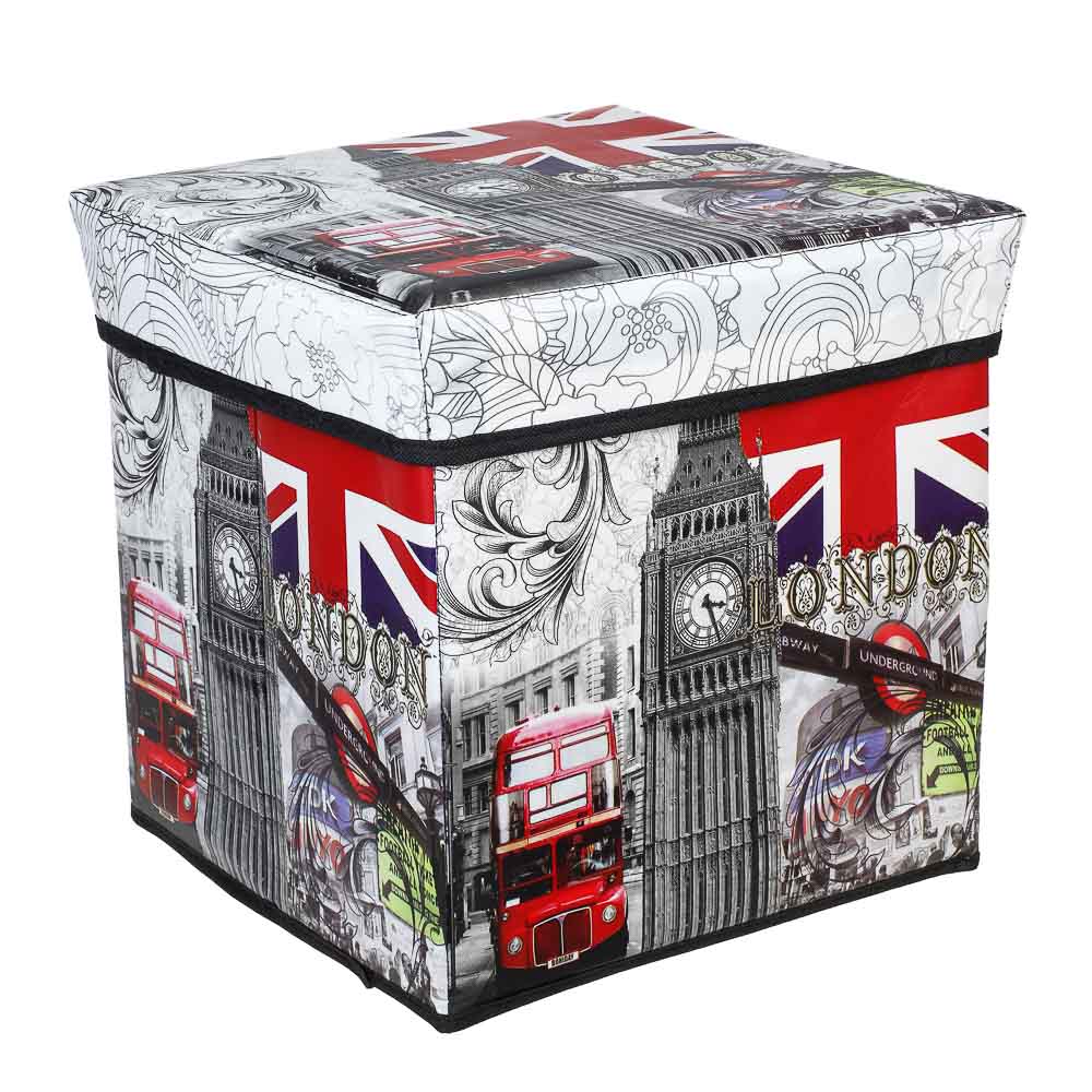 Пуфик складной, ПУ, спанбонд, картон, 31х31х31см, до 80 кг, 2 дизайна, "Путешествия" - #2