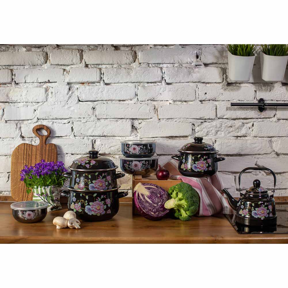 Иллюзия Георгина Набор эмал. салатников с крышками, 6пр. (14/16/18см, 0,7/1,1/1,4л), черн.перлам. - #5