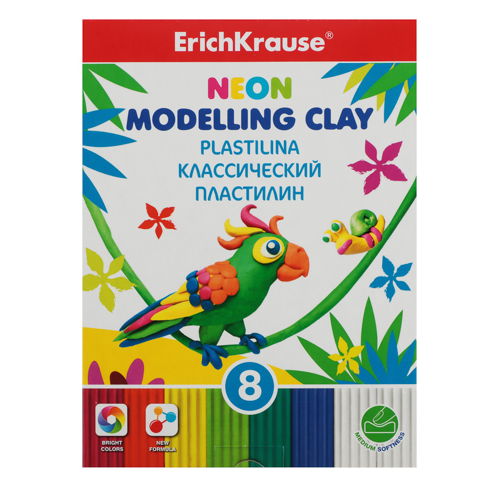 Erich Krause Пластилин 8шт., 144г., 6 ярких цветов + 2 белых, со стеком, "Неон", 53405 - #1