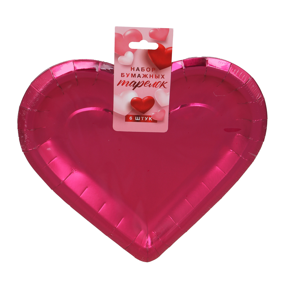 Набор бумажных тарелок с фольгированных в форме сердца, 27x25 см, 2 цвета, красный, розовый, 6 шт - #4