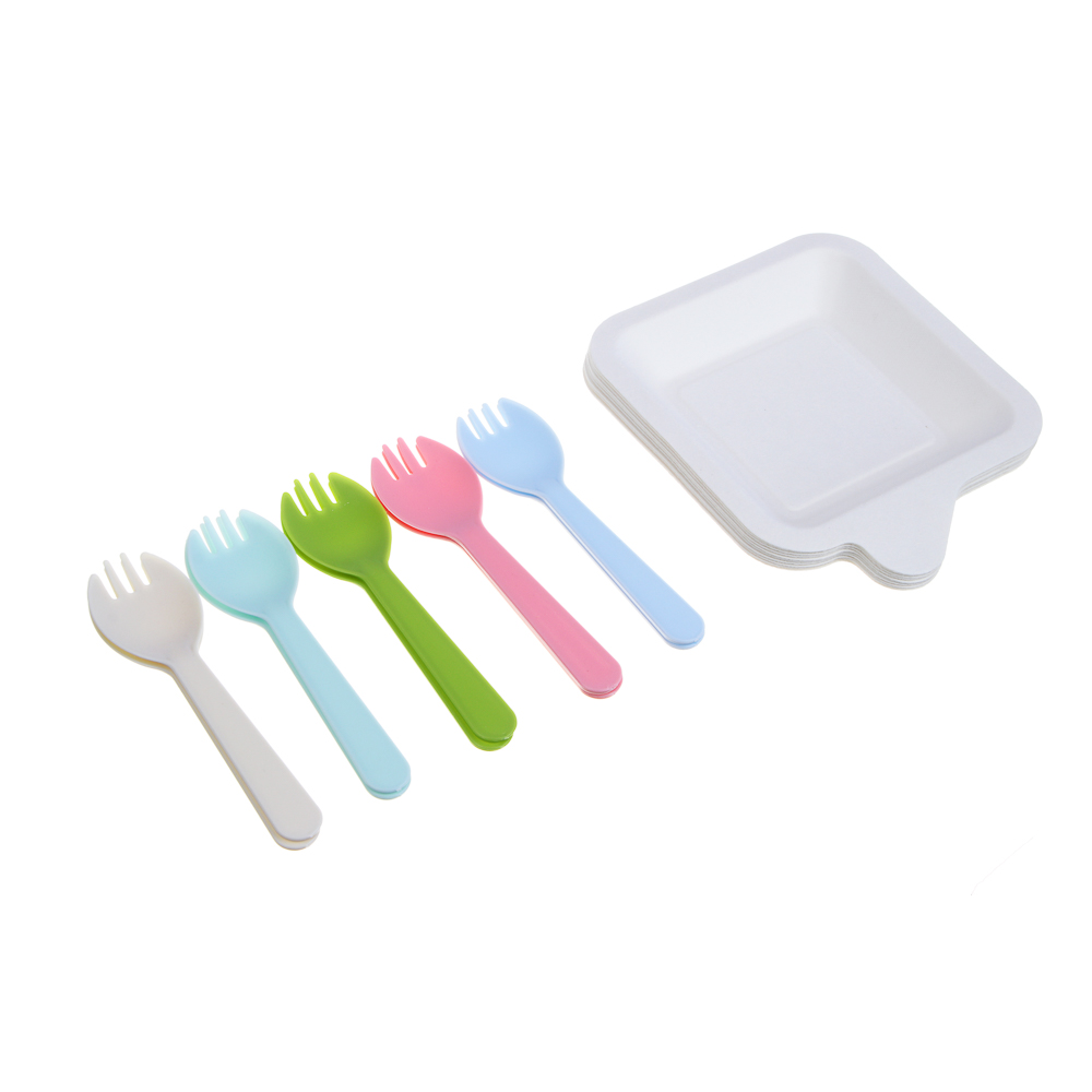 Набор посуды одноразовой, 11x13см, картон, пластик, 10 вилок-ложек, 10 тарелок - #1