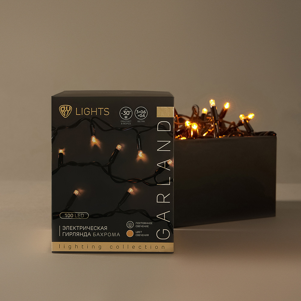 BY Эл.гирлянда бахрома уличная, 3x0.6х0.4м, 100LED, желтый,пост свеч,ПВХ черный,коннект,IP65,220В - #11