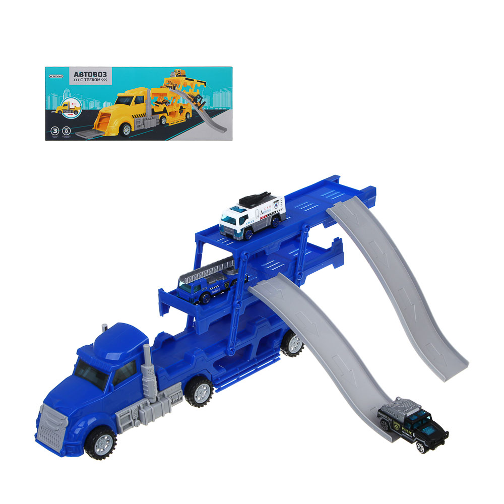 ИГРОЛЕНД Автовоз с треком, 3 машинки, металл, PP, 33,5х13х8,5 см, 3 дизайна - #1