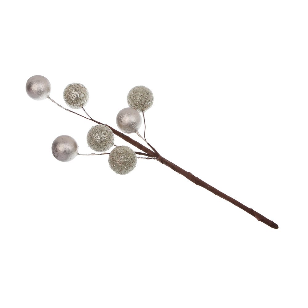 СНОУ БУМ Ветка с декоративными шариками 34 см, металл, пластик, глиттер, 2 цвета, золото, шампань - #5