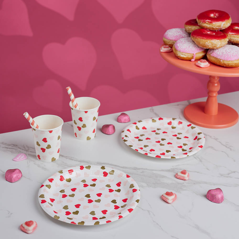 Набор тарелок бумажных, с фольгированным слоем, с сердечками, 2 цвета, красный, розовый, 20 см, 6 шт - #5
