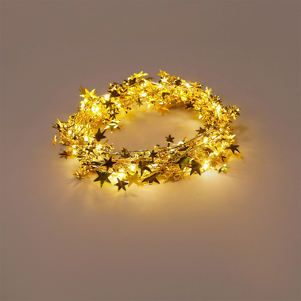 СНОУ БУМ Гирлянда эл. нить росы медь "Золотые звезды", 5м, 50LED, шампань, пост.св., 3хАА - #9