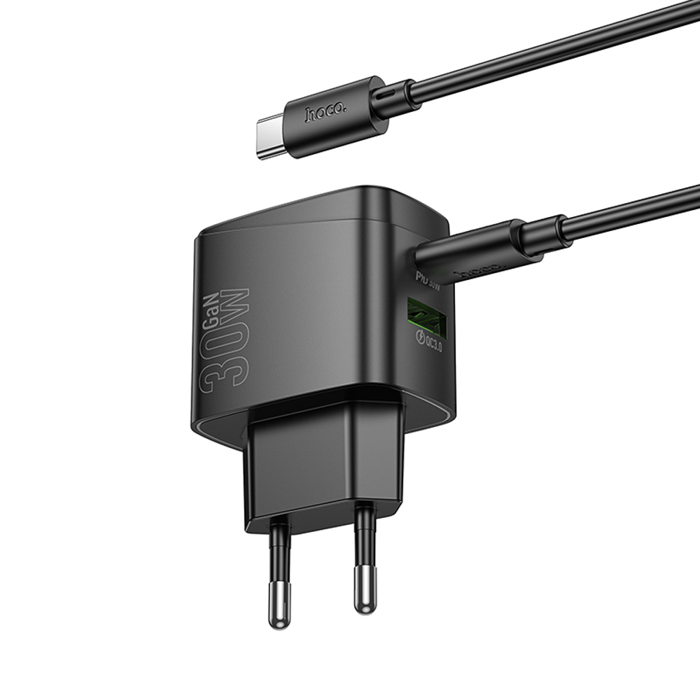 hoco. Зарядное устройство модель CS61A, USB+C 30W+ Кабель для зарядки С-С, цвет: черный - #6